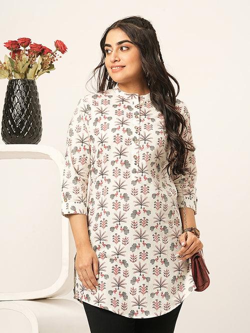 Odette Cream Printed Cotton Stitched Short Kurta For Women