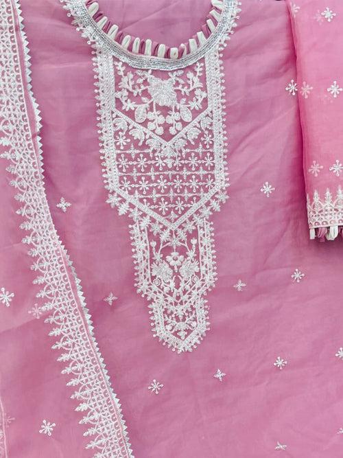 Odette Pink Organza Embroidered Semi Stitched Salwar Suit For Women