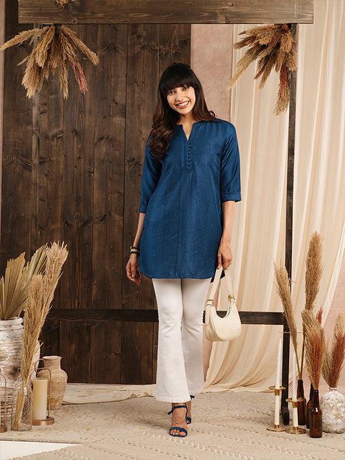 Odette Blue Embroidered Chanderi Silk Stitched Short Kurta For Women