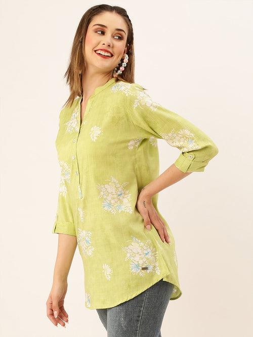 Odette Green Printed Rayon Stitched Short Kurta For Women