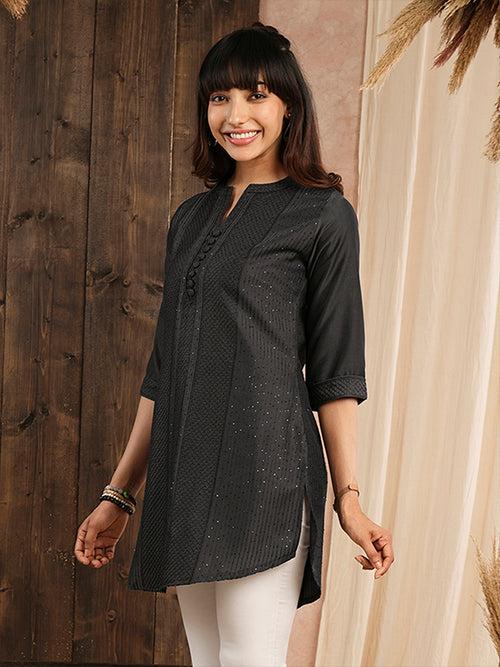 Odette Dark Grey Embroidered Chanderi Silk Stitched Short Kurta For Women