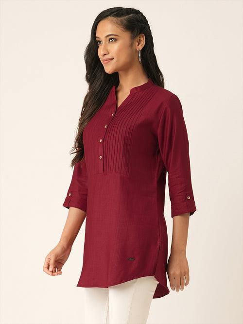 Odette Maroon Printed Rayon Stitched Short Kurta For Women