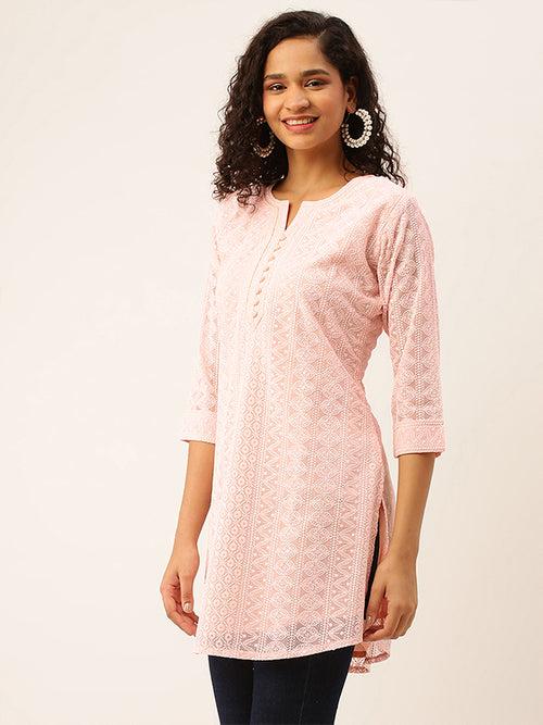 Odette Peach Embroidered Georgette Stitched Short Kurta For Women