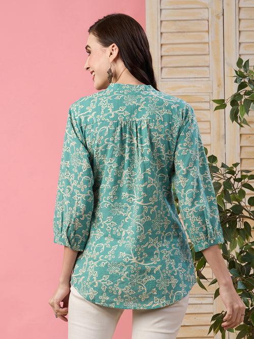 Odette Teal Printed Cotton Stitched Short Kurta For Women