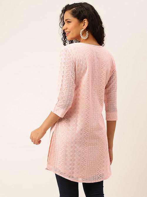 Odette Peach Embroidered Georgette Stitched Short Kurta For Women