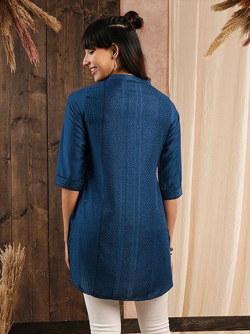 Odette Blue Embroidered Chanderi Silk Stitched Short Kurta For Women