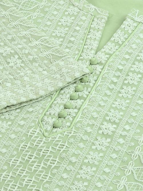 Odette Pista Green Embroidered Georgette Stitched Short Kurta For Women