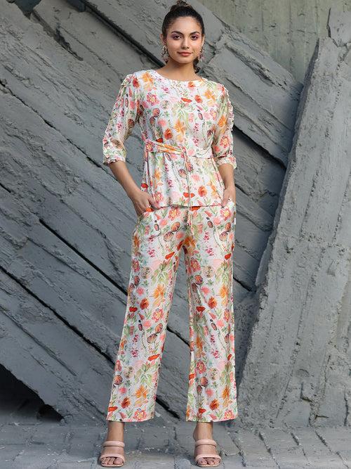 Odette Multi Color Muslin Printed Stitched Indo Western Co Ord Set For Women