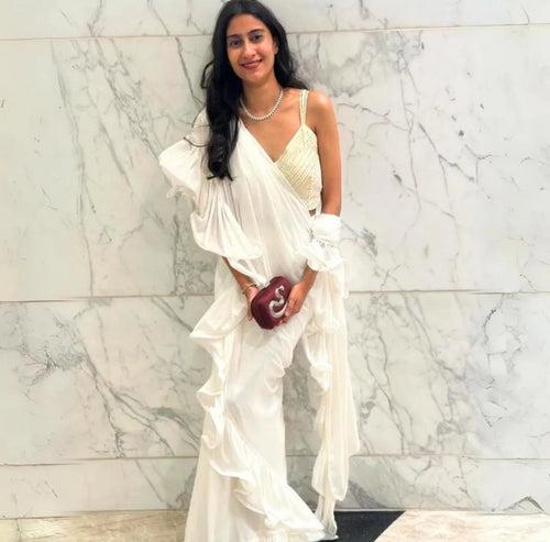 RENEE SEN | WHITE RARA DRAPED SAREE WITH GOTA CROP TOP AND BELT