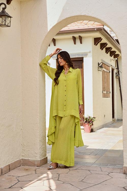 LIME RIA HIGH LOW TOP WITH FLAIR PANT COORD SET OF TWO