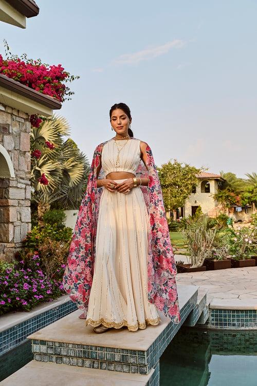 IVORY DISHA LEHENGA SET WITH MULTI FLORAL CHANDERI ODHANI