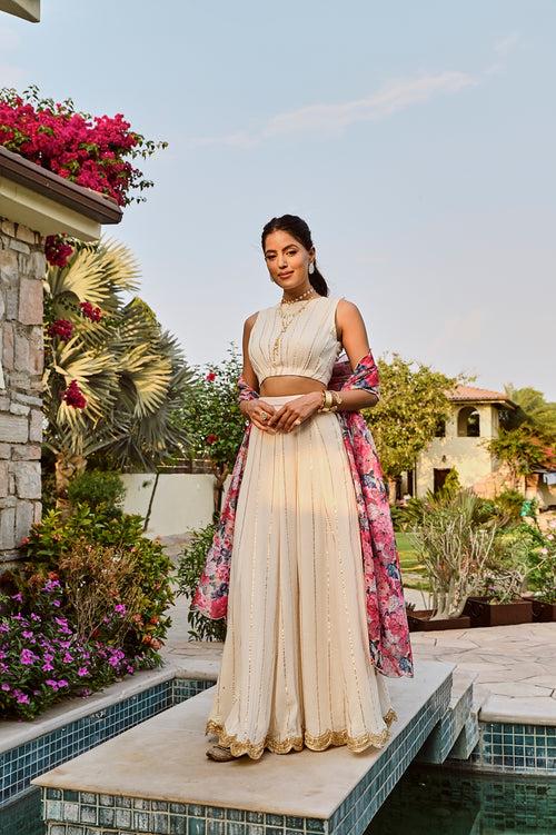 IVORY DISHA LEHENGA SET WITH MULTI FLORAL CHANDERI ODHANI