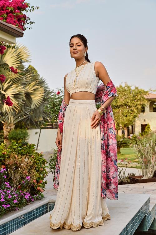 IVORY DISHA LEHENGA SET WITH MULTI FLORAL CHANDERI ODHANI