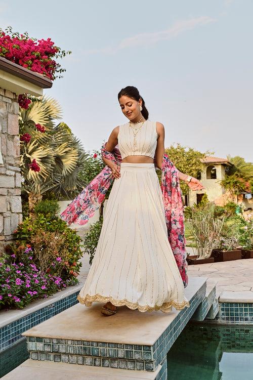 IVORY DISHA LEHENGA SET WITH MULTI FLORAL CHANDERI ODHANI