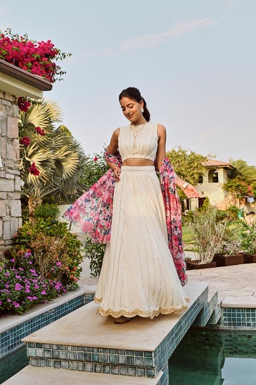 IVORY DISHA LEHENGA SET WITH MULTI FLORAL CHANDERI ODHANI