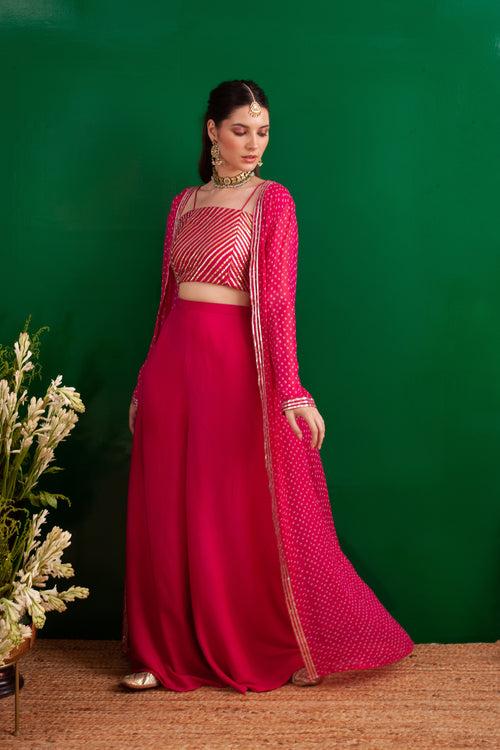 FUSCHIA BANDHANI NAAZ JACKET WITH GOTA CROP TOP AND PALLAZO SET