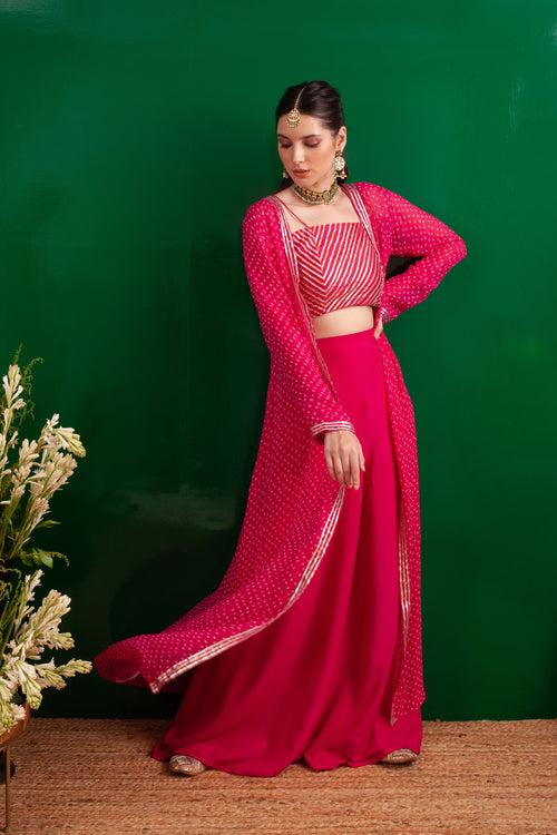 FUSCHIA BANDHANI NAAZ JACKET WITH GOTA CROP TOP AND PALLAZO SET