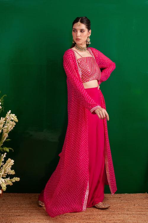 FUSCHIA BANDHANI NAAZ JACKET WITH GOTA CROP TOP AND PALLAZO SET