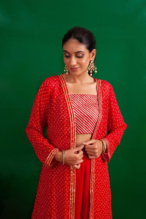 RED BANDHANI NAAZ JACKET WITH CROP TOP AND PALLAZO PANTS