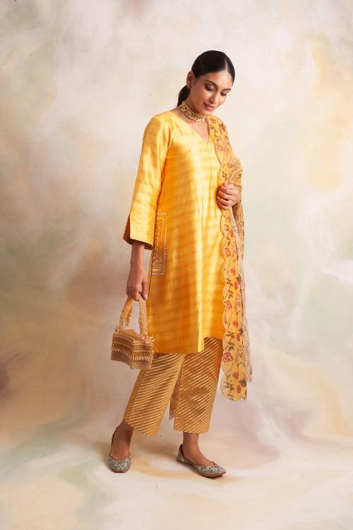 MUSTARD GAURI KURTA WITH PANTS AND ODHANI SET