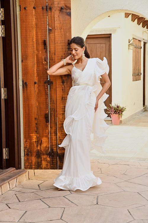 RENEE SEN | WHITE RARA DRAPED SAREE WITH GOTA CROP TOP AND BELT