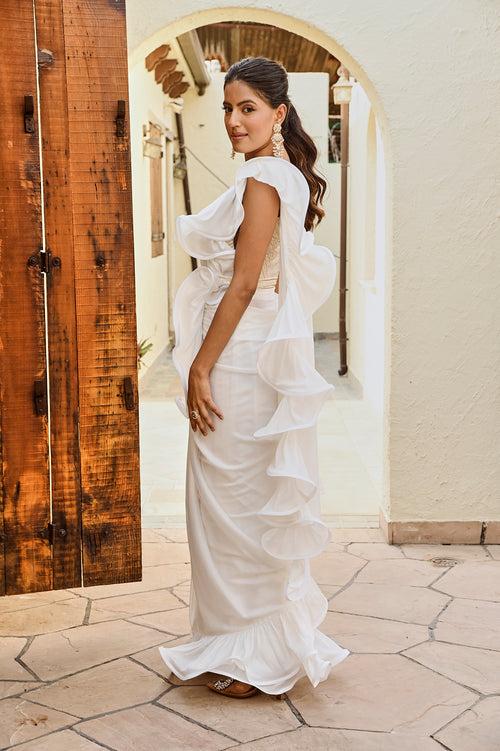 RENEE SEN | WHITE RARA DRAPED SAREE WITH GOTA CROP TOP AND BELT