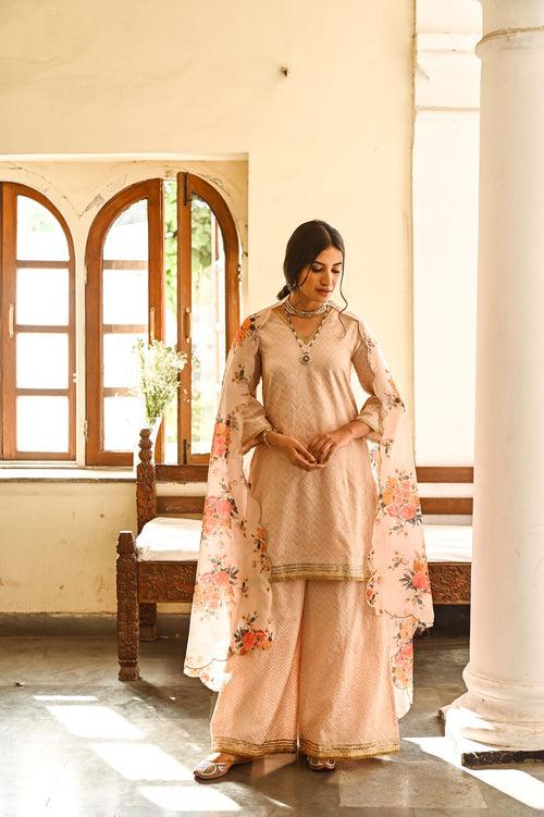 BEIGE JANVI KURTA, SHARARA & CHANDHERI ODHANI SET OF THREE