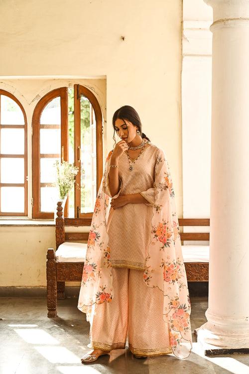 BEIGE JANVI KURTA, SHARARA & CHANDHERI ODHANI SET OF THREE