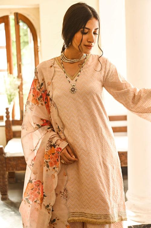 BEIGE JANVI KURTA, SHARARA & CHANDHERI ODHANI SET OF THREE