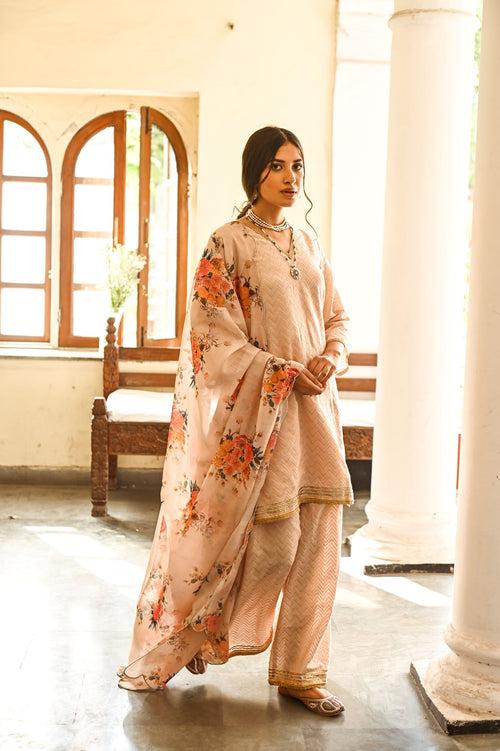 BEIGE JANVI KURTA, SHARARA & CHANDHERI ODHANI SET OF THREE