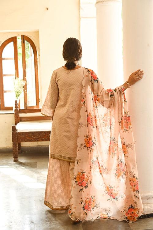 BEIGE JANVI KURTA, SHARARA & CHANDHERI ODHANI SET OF THREE