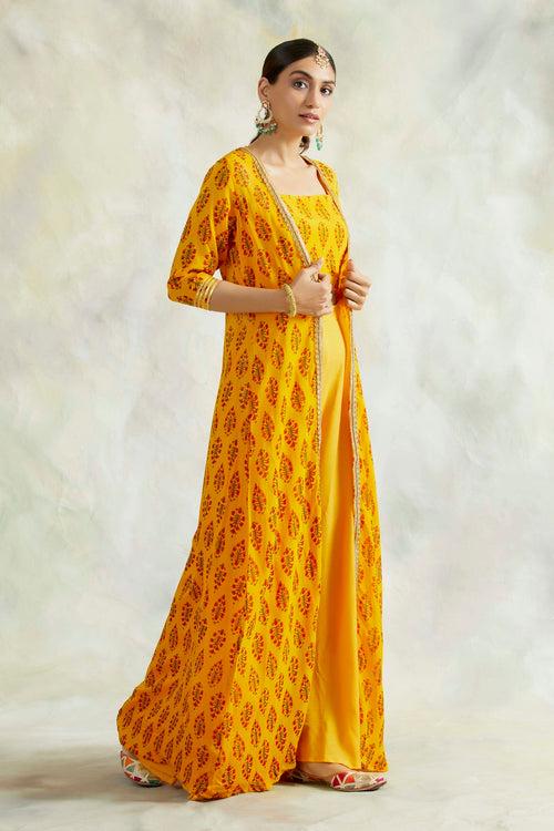 MUSTARD NAAZ CAPE WITH CROP TOP AND PANT SET OF 3