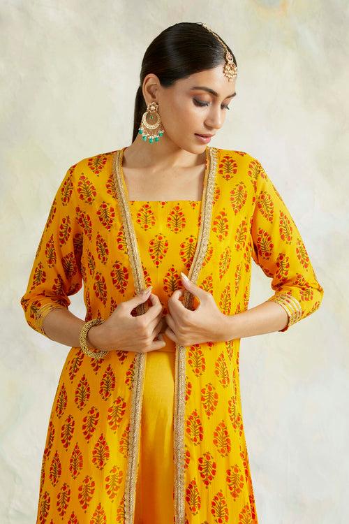 MUSTARD NAAZ CAPE WITH CROP TOP AND PANT SET OF 3