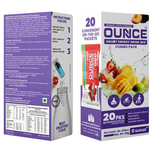 Ounce Energy Drink Powder + Electrolyte Powder - 20 On-The-Go Caffeine + Electrolytes No Sugar Drink Mix Sachet boosted with Vitamin B12 Powder, Biotin for Hair Growth, Antioxidants & Multivitamins