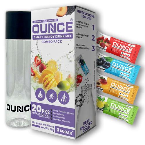 Ounce Energy Drink Powder + Electrolyte Powder - 20 On-The-Go Caffeine + Electrolytes No Sugar Drink Mix Sachet boosted with Vitamin B12 Powder, Biotin for Hair Growth, Antioxidants & Multivitamins