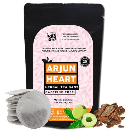 The Tea Trove Arjun Tea Bags - 25 Eco-Friendly Arjuna Tea Bags in Resealable pouch - Caffeine Free Ayurvedic Tea blend of Arjun Bark and Amla Herbal Tea for Heart and High BP | Pack of 1