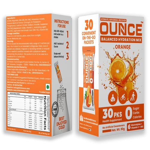 Ounce Electrolyte Powder Sugar Free - 30 Orange Hydration Powder Drink Mix Sachet with 6 Keto Electrolytes no Sugar : Na, Mg, Ca, K, P & Cl boosted with Vitamins B12 & C for Isotonic Energy Drink