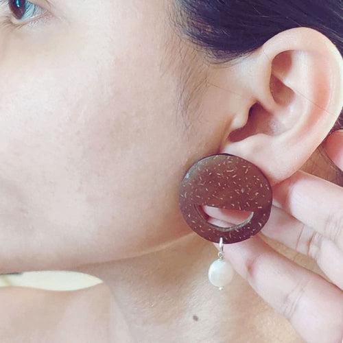 Pearl & Round Coconut Shell Earrings