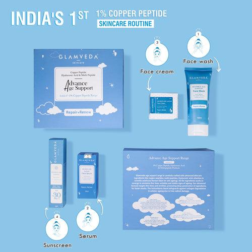 Glamveda 1% Copper peptide with Multi Peptide Advance Age Support Skincare Combo | Face Wash, Face Cream, Serum, Sunscreen