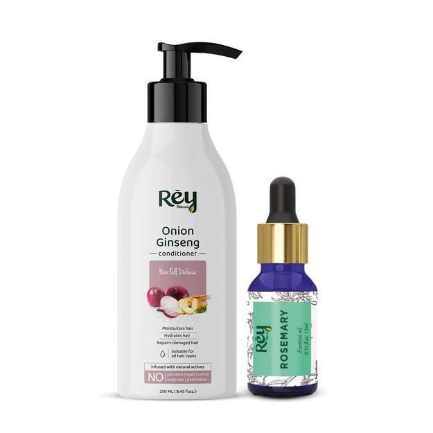 Rey Naturals Rosemary Essential Oil for Hair Growth (15 Ml) and Onion Ginseng Conditioner (250 Ml) combo (265 Ml)