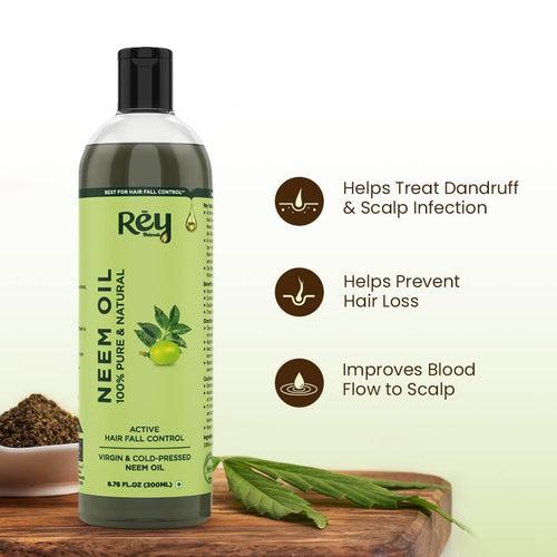 Rey Naturals Virgin Cold Pressed Pure Neem Oil For Hair & Skin | Hair Oil For Hair Growth, Dandruff Relief, Scalp Infection | Carrier Oil For Pimple | Body Massage Oil For Men & Women - 200ML*2