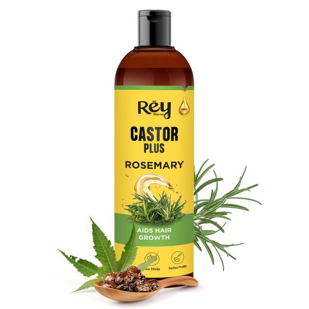 Rey Naturals Premixed cold-pressed Castor Plus Rosemary Hair oil | Aids Hair Growth |For Hair Fall Control,Skin, Eyebrows & Eyelashes Nourishment| For All Hair Type | Suitable for Men & Women | 200 ml