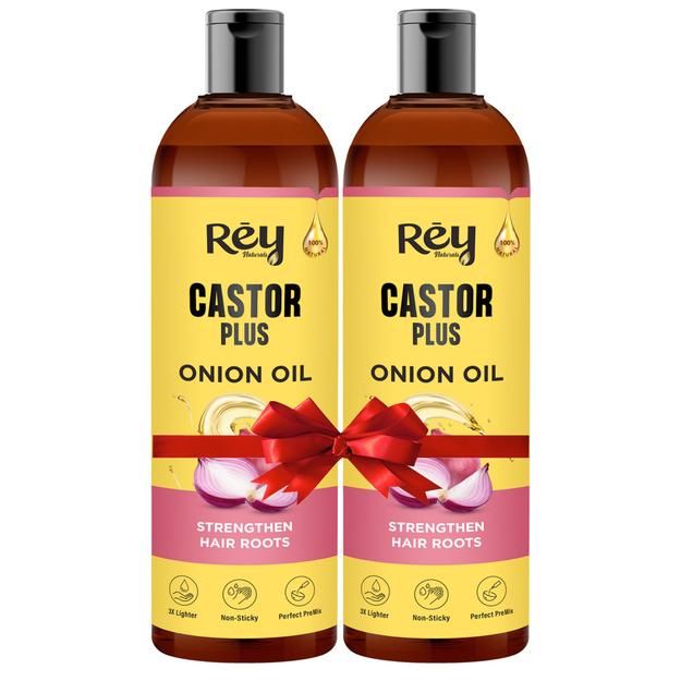 Rey Naturals Premixed cold-pressed Castor Plus Onion Hair oil | Strengthen Hair Roots | Nourished & Healthy Hair | Shiny & Healthy Hair |Light And Non-Sticky | Suitable for Men & Women | 200ML