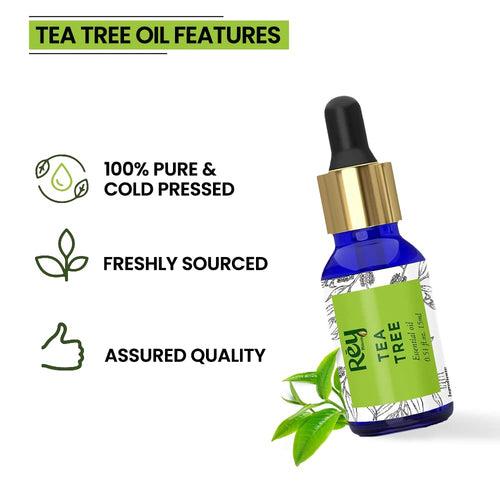 Rey Naturals Tea Tree Oil | Tea Tree Essential Oil for Hair, Skin and Face Care - 100% Pure Tea Tree Oil for Dandruff, Acne, Aromatherapy, Stress, and More - 15ml