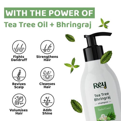 Rey Naturals Tea Tree Bhringraj Anti Dandruff Shampoo | With Natural Actives | Paraben & Sulphate Free | For a Clean & Healthy Scalp | Shampoo for Men and Women | 300 ML