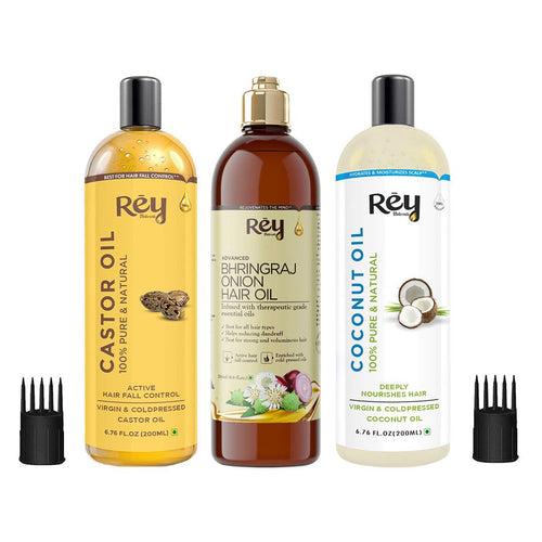 Rey Naturals® hair oils combo (Castor oil + Coconut oil + Bhringraj oil) controls hairfall - For healthy hair - No Mineral Oil, Silicones & Synthetic Fragrance