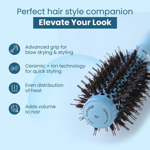 Rey Naturals Thermal Ceramic Hair Brush | Ion-infused Technology | Anti-Static Boar Bristles| Hair Comb | Hair brush for Women and men | Hair Care Products (Ice blue)(Small size)