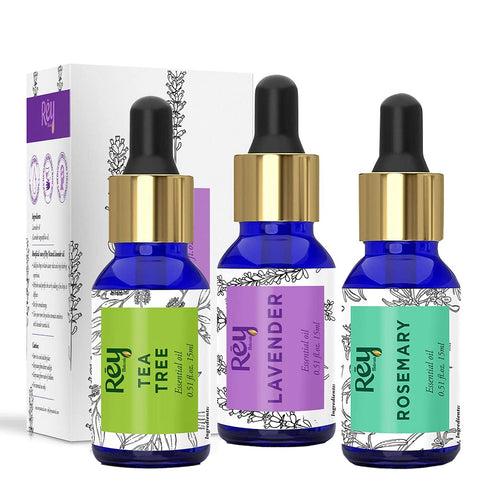 Rey Naturals Lavender oil, Tea Tree Oil & Rosemary essential oils (15 ml + 15 ml + 15 ml)