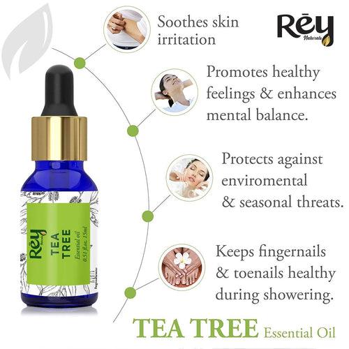 Rey Naturals Lavender Essential Oil & Tea Tree Oil For Dandruff & Acne, Aromatherapy, Stress Relief | Essential Oil For Diffuser, Cold & Cough, Dark Spots | For All Skin & Hair Types - 15ml*2