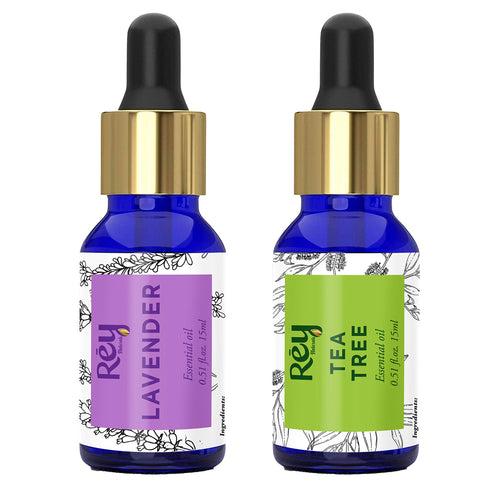 Rey Naturals Lavender Essential Oil & Tea Tree Oil For Dandruff & Acne, Aromatherapy, Stress Relief | Essential Oil For Diffuser, Cold & Cough, Dark Spots | For All Skin & Hair Types - 15ml*2